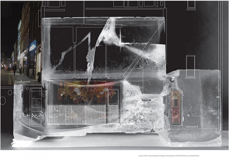 A resin model to describe the narrow transitional spaces leading to the access of the basement bar and its courtyard.